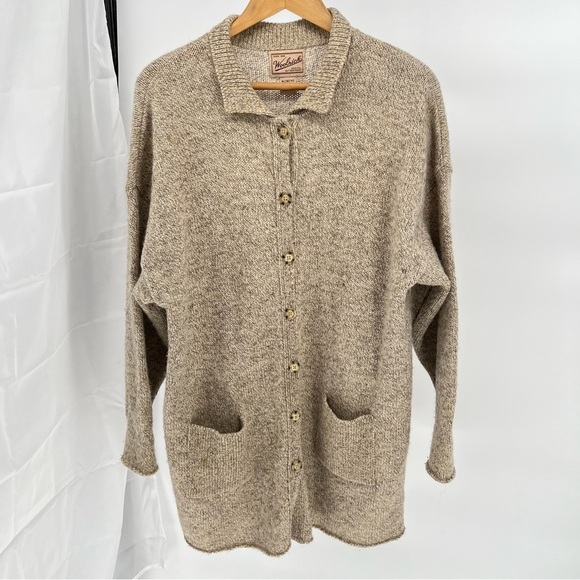 Woolrich Womens Longline Wool Sweater Size XL Heathered Tan Button Down Pockets - Picture 1 of 9